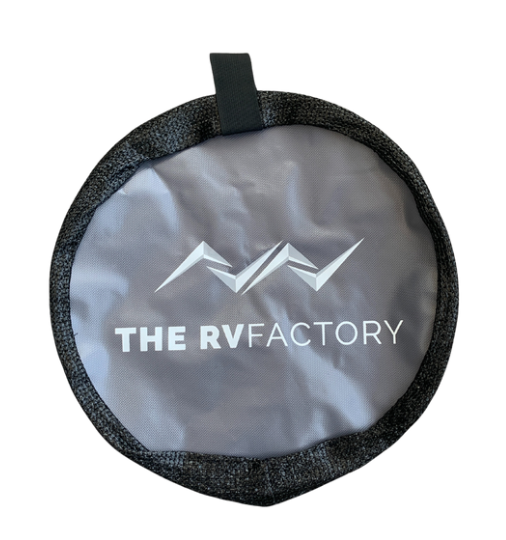 RV Factory Caravan Electrical Lead Bag 27 Diam. x 15H cm Black with Grey Base Strong Fabric Material. Printed with RV Factory Logo. - TSF Direct